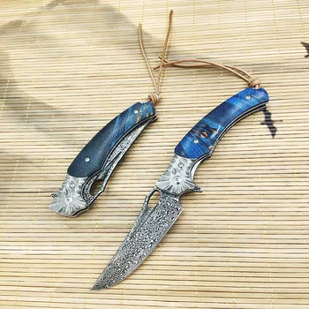 Складной нож для кемпинга на открытом воздухе, устойчивая деревянная ручка, лезвие из дамасской стали, карманный инструмент для самообороны EDC