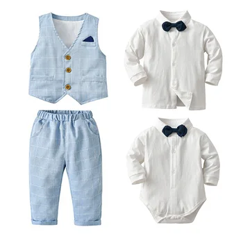 Совершенно Новая Одежда для джентльменов для новорожденных Мальчиков, 3 шт., Серо-синие Вечерние Комбинезоны с длинными рукавами и бантом, Топы + Длинные брюки, Праздничный наряд