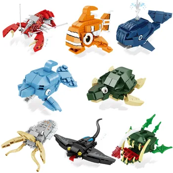 Совместим с животными LEGO Ocean World, омарами, акулами, мелкими частицами, детской головоломкой-пазлом, игрушкой-конструктором