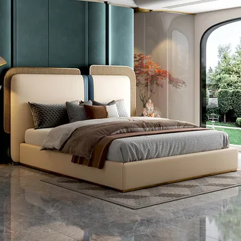 Современная итальянская роскошная мебель для спальни с высоким изголовьем, обитая кожей Master King Size, изготовленная на заказ.