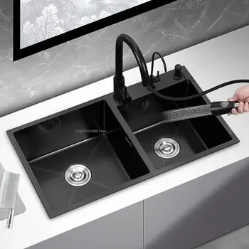 Современная кухонная раковина Black Nano Двойная Бытовая раковина Кухонная Мебель из нержавеющей стали 304, Умывальник, Кухонные раковины, Аксессуары