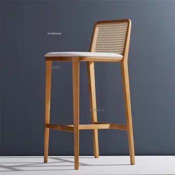 Современная мебель Барный стул из массива дерева Домашний Простой Дизайнерский Креативный барный стул из ротанга С индивидуальной спинкой Высокие табуреты для ресторана
