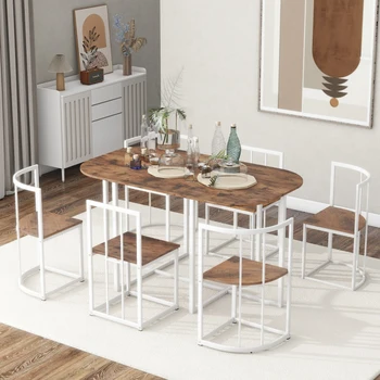 Современный обеденный стол из 7 предметов с искусственным мрамором Компактный 55-дюймовый Белый + вишневый Прочный Простой в сборке Ресторанный сервиз
