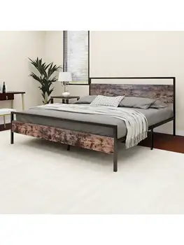 Современный промышленный каркас кровати, металлическая платформа с деревянным изголовьем и изножьем в деревенском стиле, пружинный блок не требуется