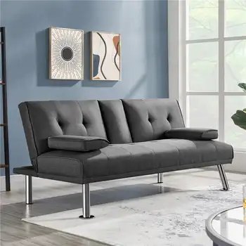 Современный раскладывающийся тканевый диван-футон с подстаканниками и подушками, серый