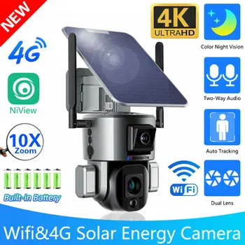 Солнечная Камера 4K 8MP 360 ° PTZ 10-Кратный Зум 4G SIM /WIFI Наружная Аудиокамера Безопасности Humanoid Tracking Цветная Камера Ночного Видения