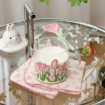 Стеклянная чашка Tulip Rabbit в общежитии Корейская версия Чашка для воды Кофе с молоком Домашняя чашка с ручкой Кофейная чашка