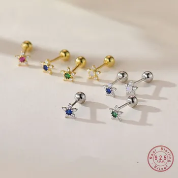 Стерлингового серебра 925 пробы Изысканные красочные серьги-гвоздики с циркониевыми звездами для женщин, серьги для пирсинга для девочек, ювелирный подарок
