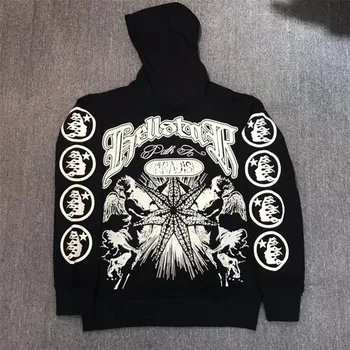 Толстовка American High Street Hellstar с классическим логотипом и огненными буквами, пуловер с принтом, черные универсальные толстовки с капюшоном HELLSTAR, пара толстовок