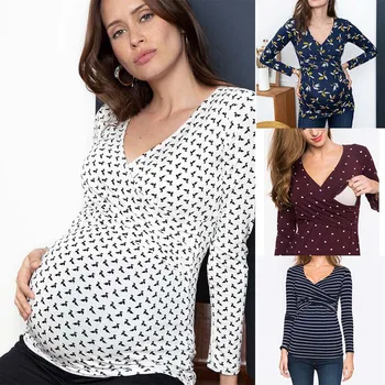 Удобная и дышащая одежда для беременных с V-образным вырезом и длинными рукавами, одежда для кормления грудью, футболка для беременных