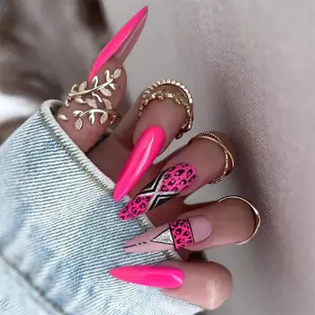 Французские накладные ногти, модное полное покрытие, длинные ногти на шпильке, розово-желтый леопард, съемные кончики для ногтей, женщины, девочки