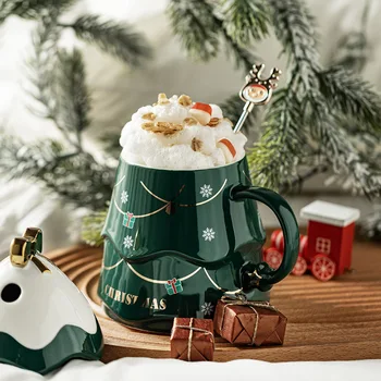 Хит продаж, креативная милая кружка, Рождественский подарок, форма Рождественской елки, красивая керамическая чашка с крышкой, ложка, домашняя чашка для воды для пары.