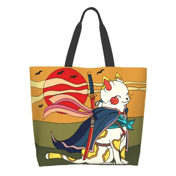 Холщовая сумка-тоут с мечом кота самурая для женщин, котенок выходного дня, закат, мультяшная киска, Кухня, многоразовые продуктовые сумки оптом, большие повседневные
