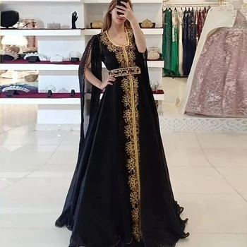 Черный Марокканский кафтан, мусульманские вечерние платья трапециевидной формы, шифоновые аппликации, Дубайский Арабский Турецкий кафтан, Исламское платье