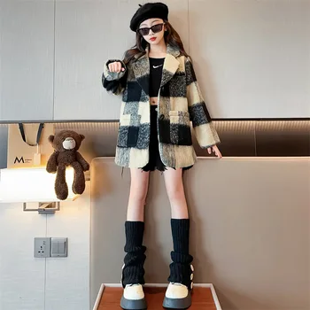 Шерстяное пальто в корейскую клетку для девочек, осеннее утолщенное шерстяное пальто средней длины в стиле Хепберн, модный шерстяной костюм высокого качества