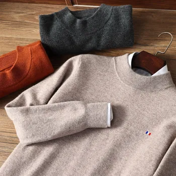 Шерстяной свитер, мужской пуловер с круглым вырезом в половину роста, зимняя утолщенная кашемировая рубашка крупной вязки, нижняя часть
