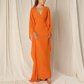 Шифоновые вечерние платья Angel Custom с простым V-образным вырезом, Оранжевые платья для выпускного вечера Mermai длиной до щиколоток и длинными рукавами для женщин