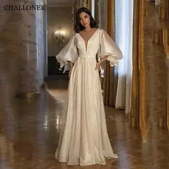 Элегантное свадебное платье Challoner с блестками И поясом, простое свадебное платье в стиле Кантри с V-образным вырезом и открытой спиной, трапециевидной формы Длиной до пола, Vestido De Novia