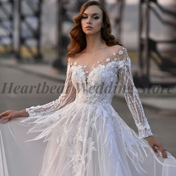 Элегантное свадебное платье со шлейфом 2023 года с длинным рукавом, вырезом лодочкой, пуговицей сзади в виде сердечка и аппликацией из пайеток, бусин А-силуэта