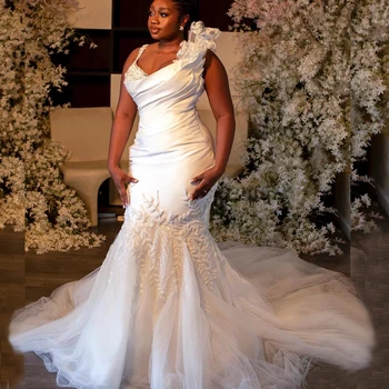 Элегантные свадебные платья Африканской Русалки для чернокожей невесты, покрытые спагетти, пуговицы, шлейф, аппликации из листьев, бисероплетение, свадебные платья